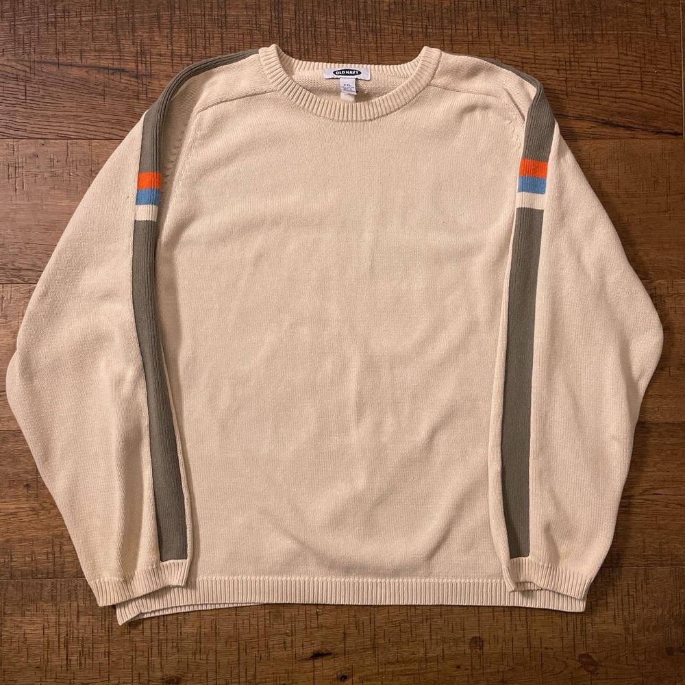 Old Navy Knit Crewneck Sweater Mens XXL Cream Skater Grunge 1999 Vintage Stripe